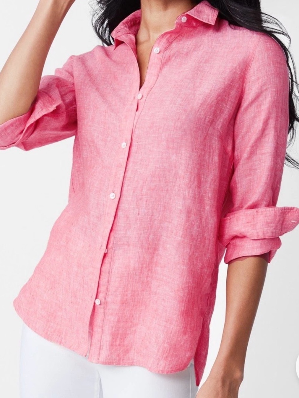 J. McLaughlin Woman’s Coastal Chic Bright Pink 100% Linen Button Down Shirt